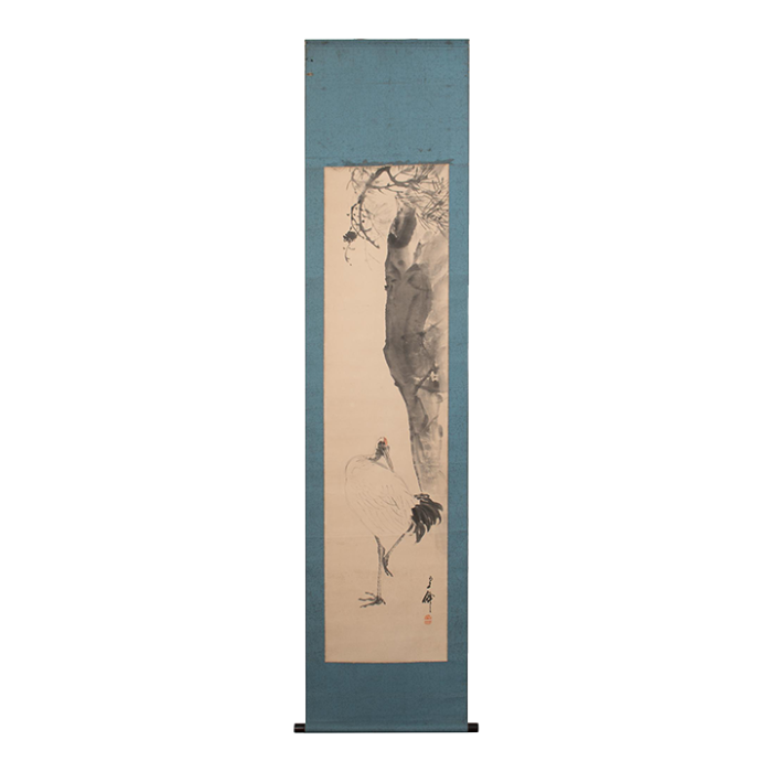 early 20th century meiji to early showa era japanese monochrome watercolor scroll painting red crowned crane and the plum tree 2424