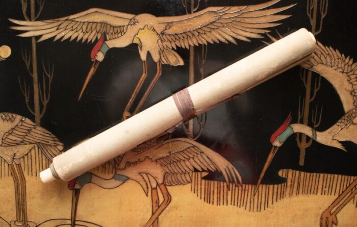 early 20th century meiji to early showa era japanese watercolor scroll sunrise with cranes and turtles 2136