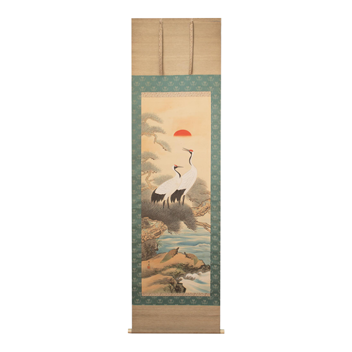 early 20th century meiji to early showa era japanese watercolor scroll sunrise with cranes and turtles 2913