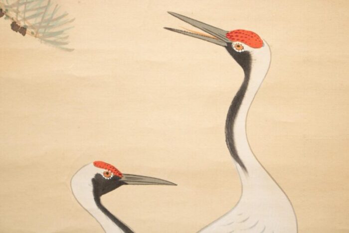 early 20th century meiji to early showa era japanese watercolor scroll sunrise with cranes and turtles 4777