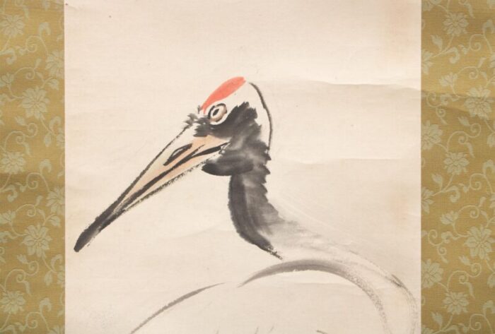 early 20th century meiji to early showa era monochrome watercolor scroll painting red crowned crane 1542