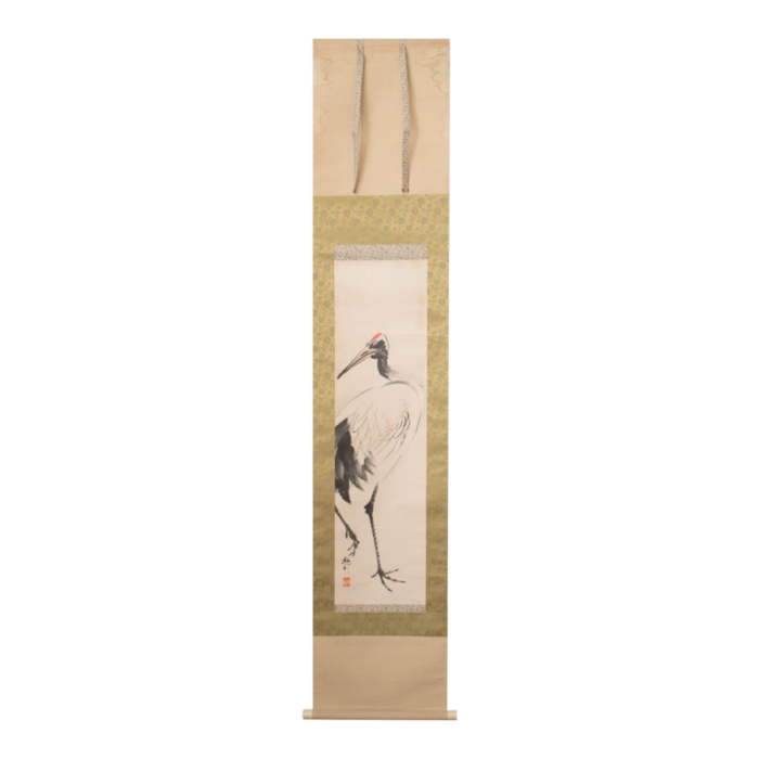 early 20th century meiji to early showa era monochrome watercolor scroll painting red crowned crane 2450