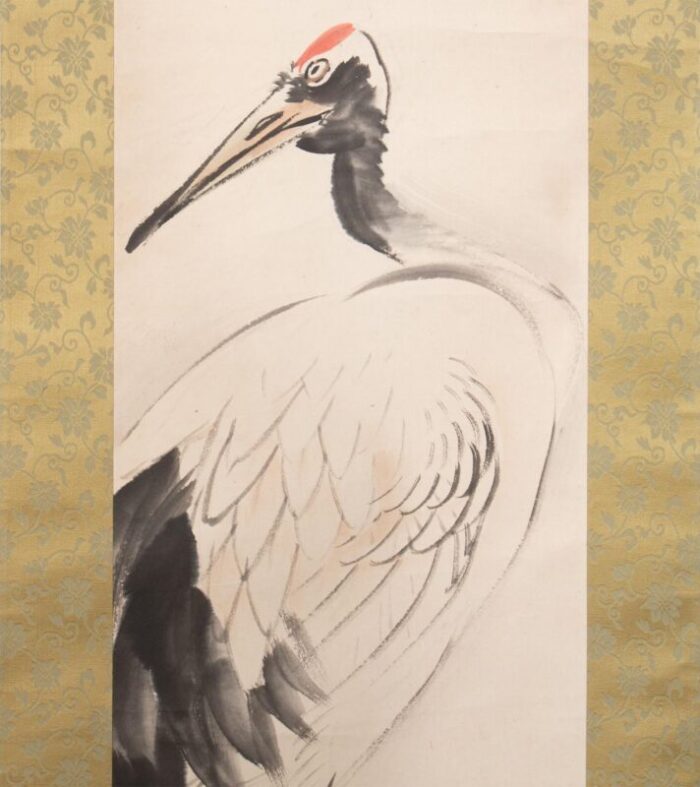 early 20th century meiji to early showa era monochrome watercolor scroll painting red crowned crane 7263