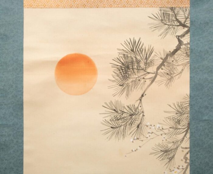 early 20th century meiji to showa era japanese watercolor silk scroll sunrise with cranes 0449