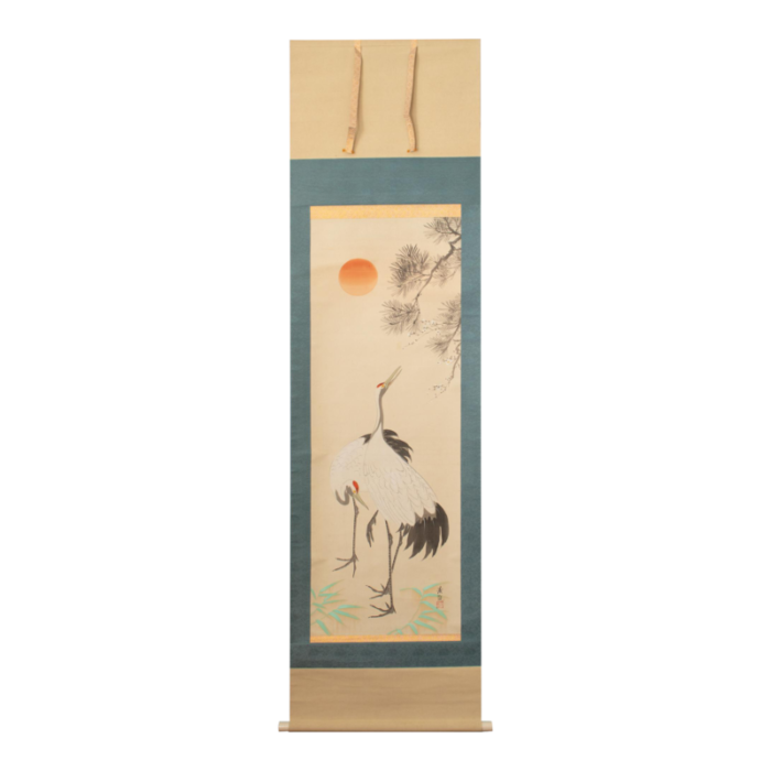 early 20th century meiji to showa era japanese watercolor silk scroll sunrise with cranes 9174