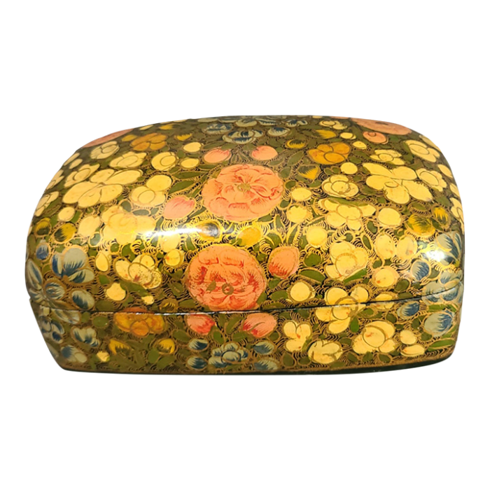 early 20th century vintage kashmir hand painted floral papier mache lacquered domed box 1259