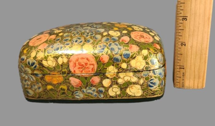 early 20th century vintage kashmir hand painted floral papier mache lacquered domed box 7267