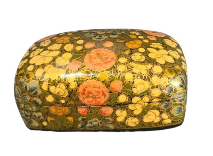 early 20th century vintage kashmir hand painted floral papier mache lacquered domed box 9487