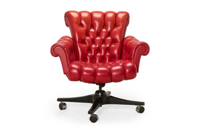 edward j wormley for dunbar american mid century in clover tufted red leather rolling office chair 4082