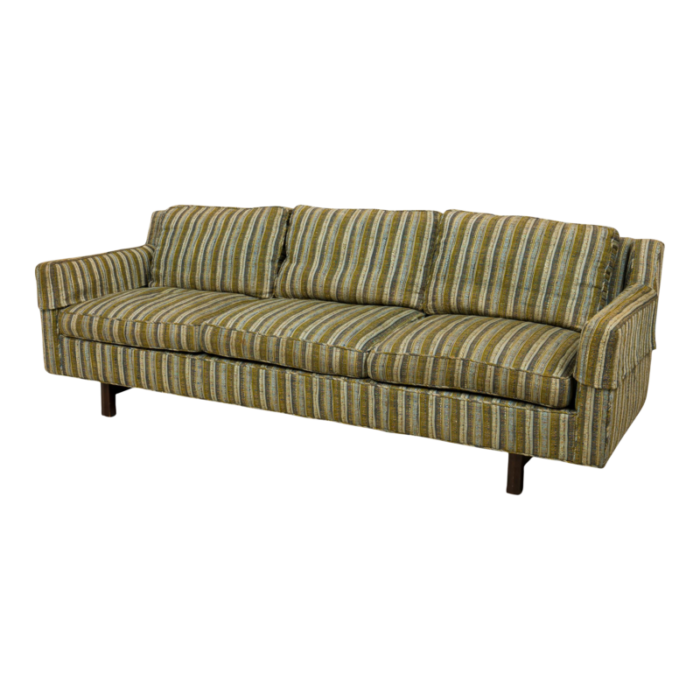 edward wormley for dunbar american mid century green and beige striped upholstered three seat sofa 4007