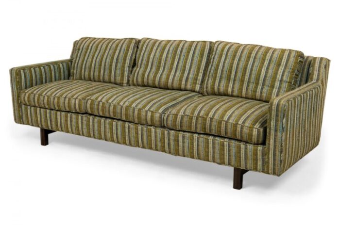 edward wormley for dunbar american mid century green and beige striped upholstered three seat sofa 6669