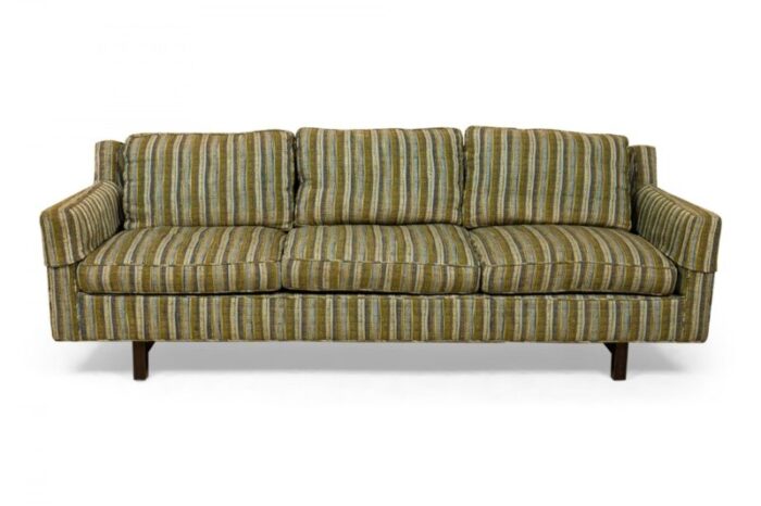 edward wormley for dunbar american mid century green and beige striped upholstered three seat sofa 9477