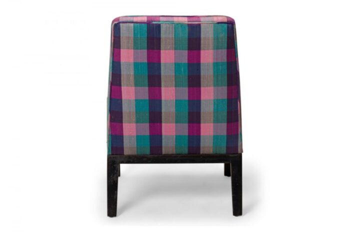 edward wormley for dunbar american mid century pink purple plaid upholstered slipper side chair 1151