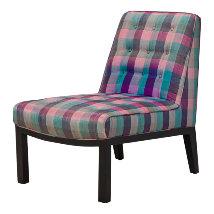 edward wormley for dunbar american mid century pink purple plaid upholstered slipper side chair 4965