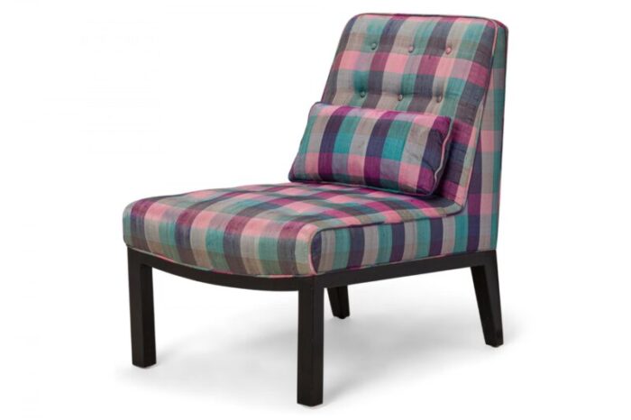 edward wormley for dunbar american mid century pink purple plaid upholstered slipper side chair 5045