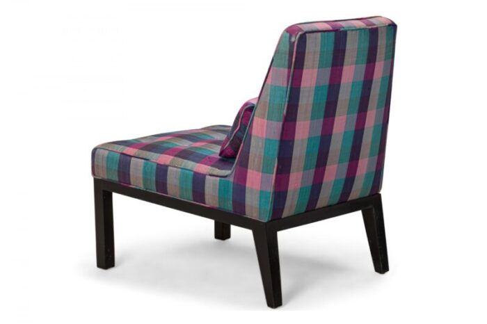 edward wormley for dunbar american mid century pink purple plaid upholstered slipper side chair 8652