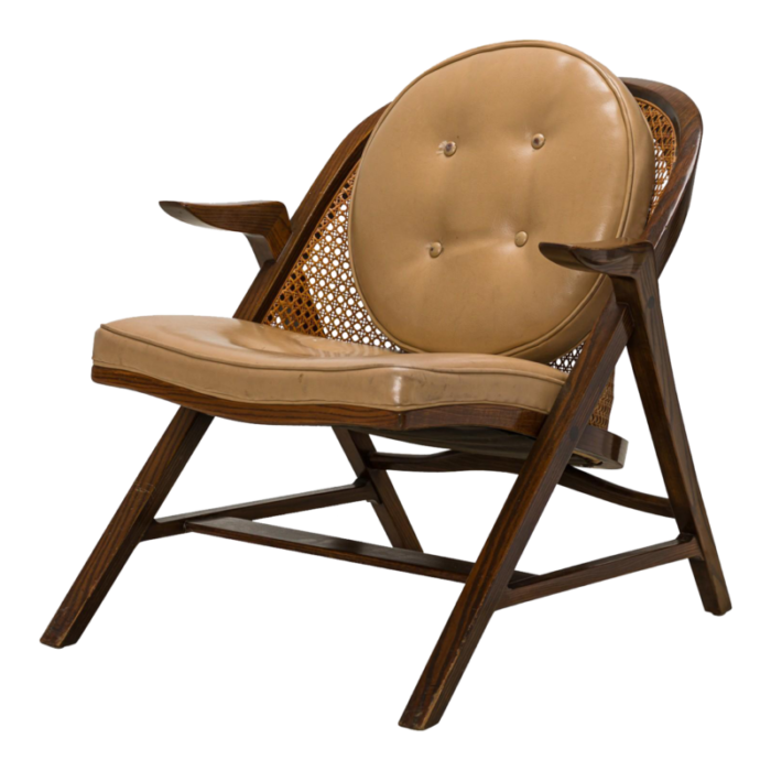 edward wormley for dunbar american mid century walnut cane and tan leather janus lounge armchair 0221