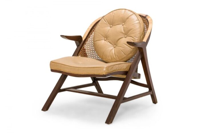 edward wormley for dunbar american mid century walnut cane and tan leather janus lounge armchair 0823