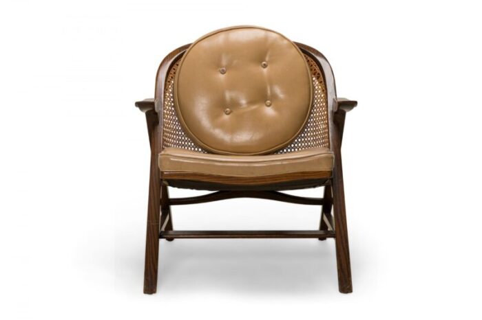 edward wormley for dunbar american mid century walnut cane and tan leather janus lounge armchair 1162