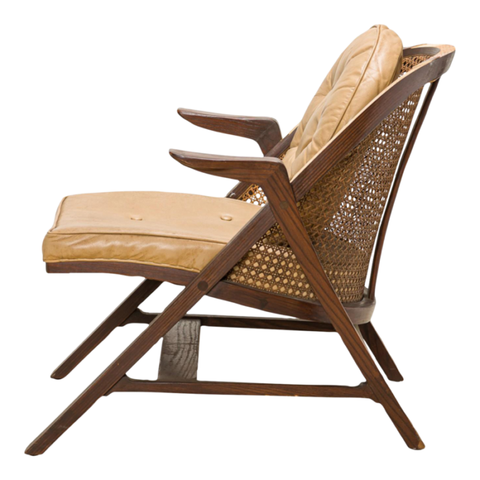 edward wormley for dunbar american mid century walnut cane and tan leather janus lounge armchair 4243