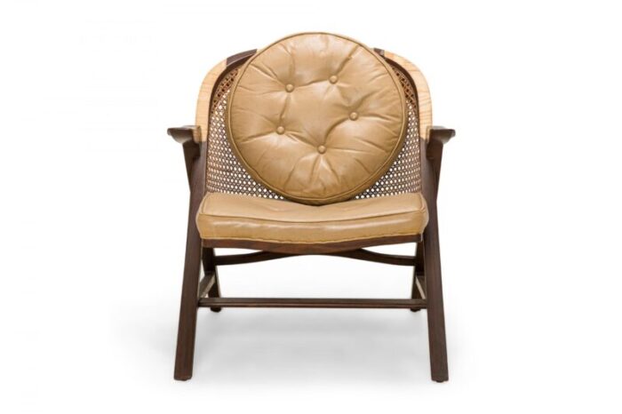 edward wormley for dunbar american mid century walnut cane and tan leather janus lounge armchair 5242