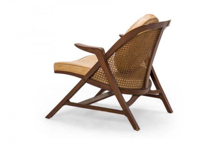 edward wormley for dunbar american mid century walnut cane and tan leather janus lounge armchair 5538