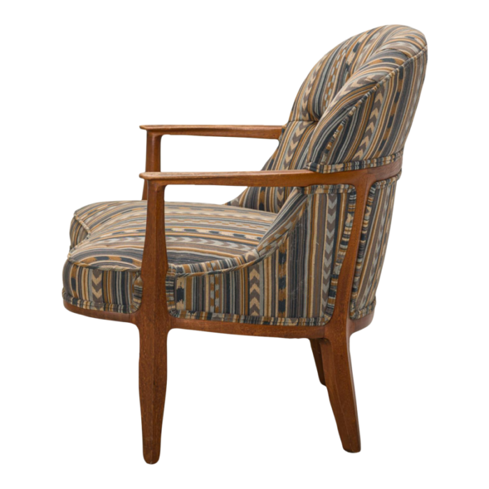 edward wormley for dunbar mid century blue striped upholstered walnut frame janus lounge armchair 4172