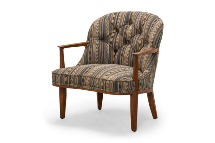 edward wormley for dunbar mid century blue striped upholstered walnut frame janus lounge armchair 7492