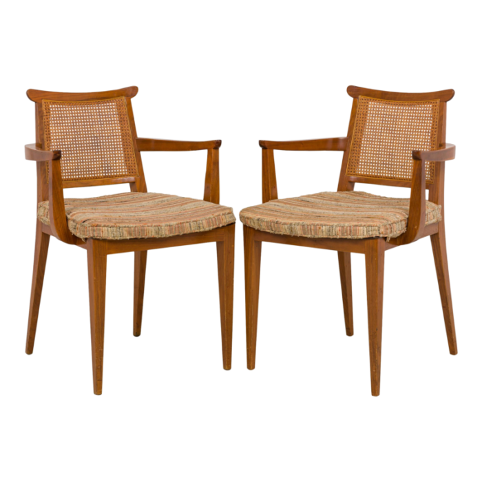 edward wormley for dunbar mid century caned back linen seat wooden dining armchairs a pair 1754