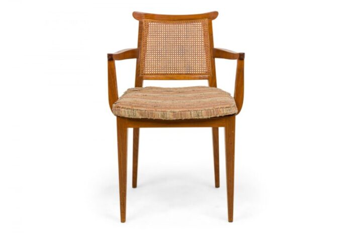 edward wormley for dunbar mid century caned back linen seat wooden dining armchairs a pair 4328