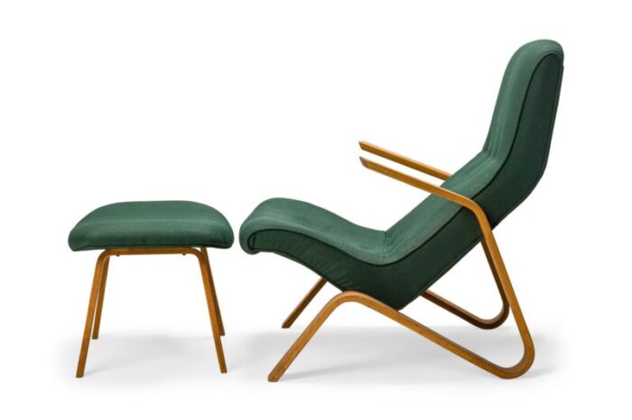 eero saarinen for knoll mid century green fabric upholstered grasshopper chair and footstool 2 pieces 9050