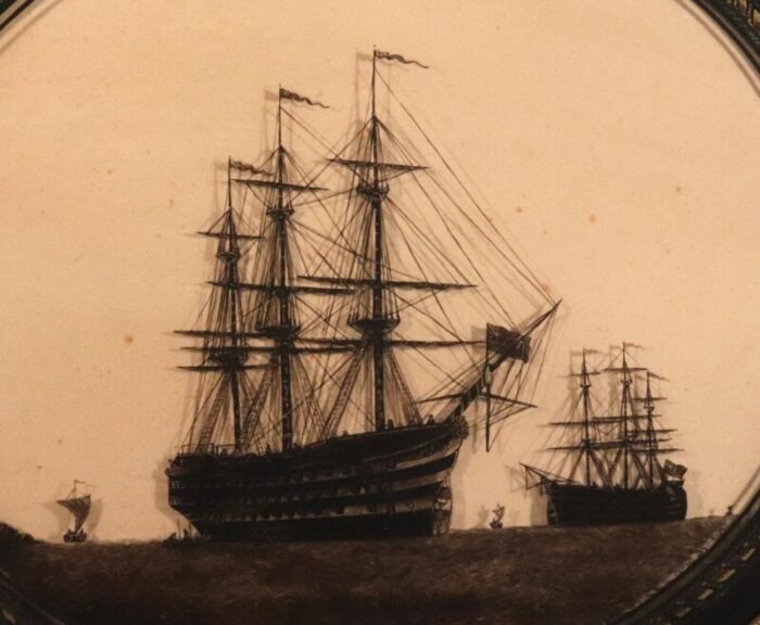 english framed nautical silhouette on glass of hms victory and the hogue and hms royal albert 1210