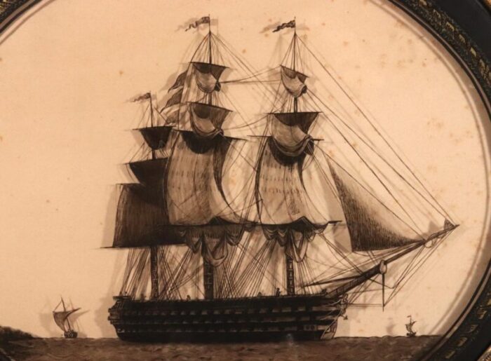 english framed nautical silhouette on glass of hms victory and the hogue and hms royal albert 1819