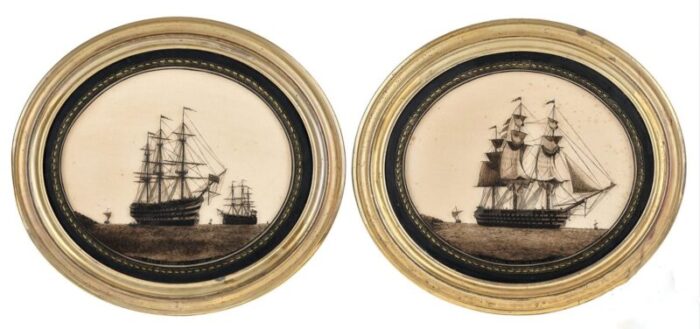 english framed nautical silhouette on glass of hms victory and the hogue and hms royal albert 4319