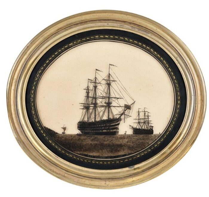 english framed nautical silhouette on glass of hms victory and the hogue and hms royal albert 6682