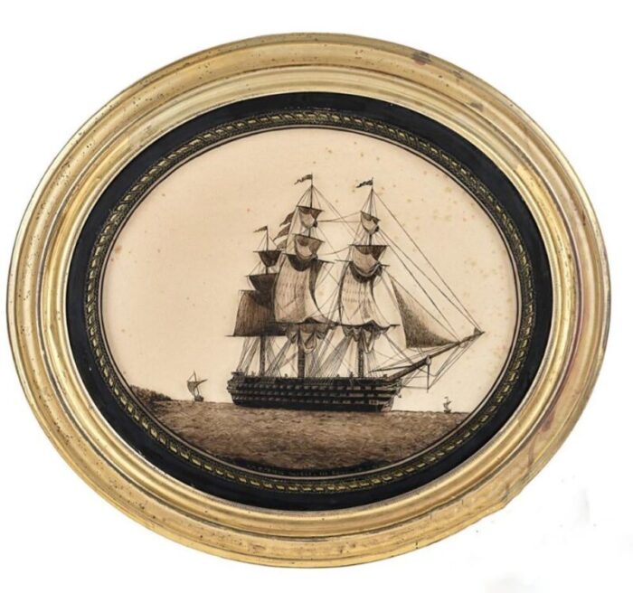 english framed nautical silhouette on glass of hms victory and the hogue and hms royal albert 9082