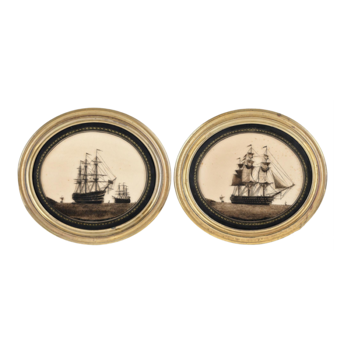 english framed nautical silhouette on glass of hms victory and the hogue and hms royal albert 9685