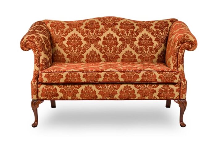 english georgian style red and gold damask loveseat 6370