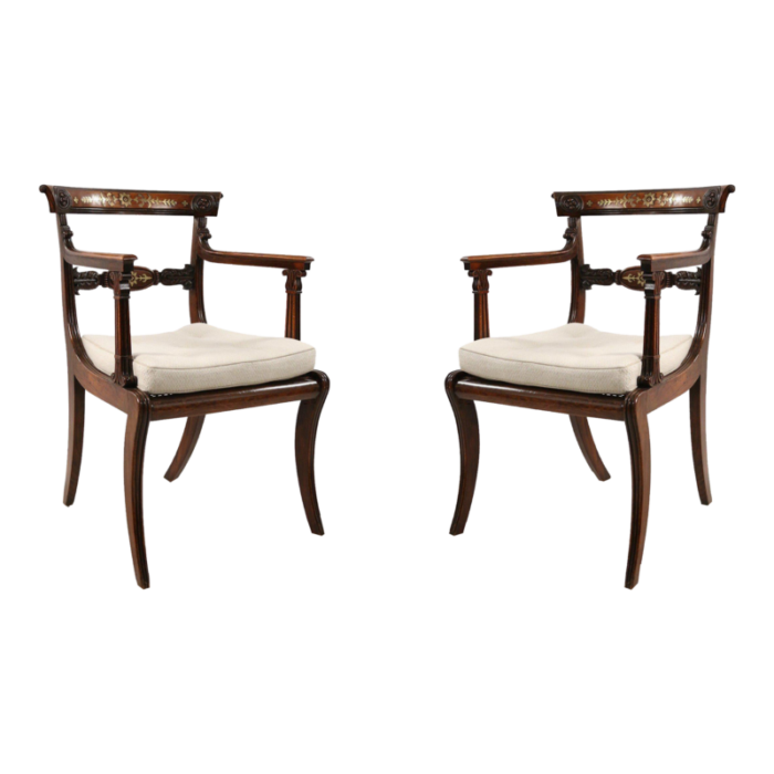 english regency brass inlaid oak and cane armchairs a pair 6013