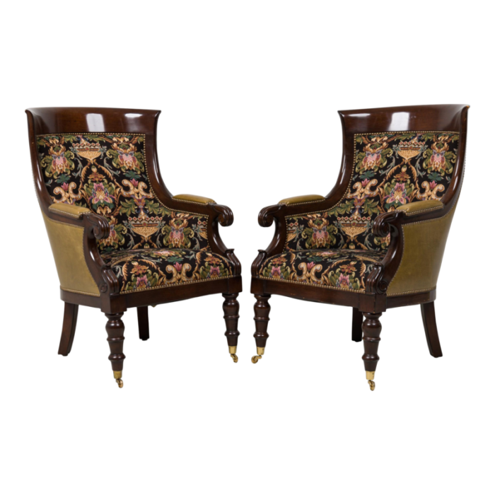 english regency style upholstered bergeres in tapestry fabric a pair 1315