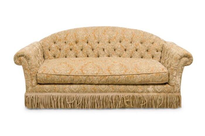 english victorian style gold velvet damask button tufted and fringed sofa 3670