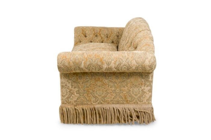 english victorian style gold velvet damask button tufted and fringed sofa 6687