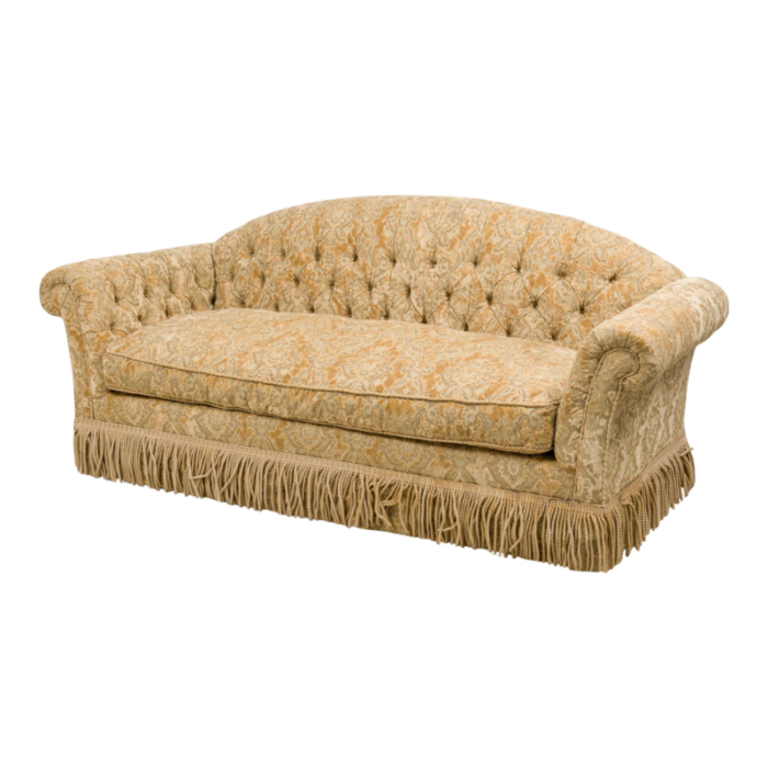 english victorian style gold velvet damask button tufted and fringed sofa 9464