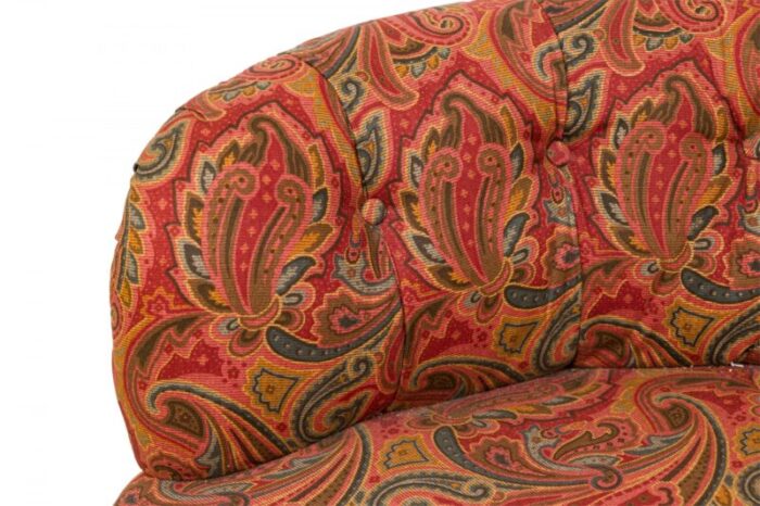 english victorian style tufted red and blue paisley upholstered rounded back loveseat 0261