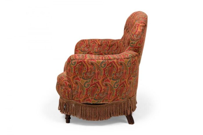 english victorian style tufted red and blue paisley upholstered rounded back loveseat 2910