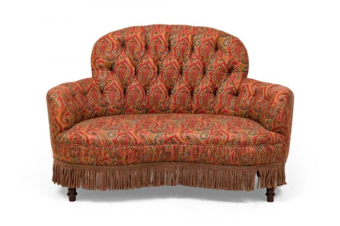 english victorian style tufted red and blue paisley upholstered rounded back loveseat 6248