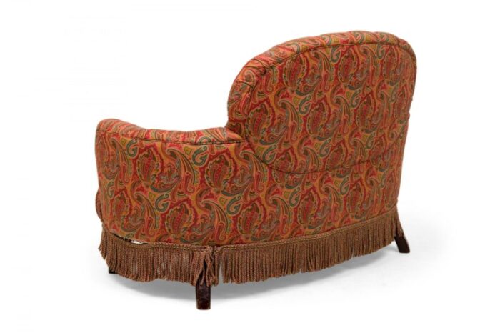 english victorian style tufted red and blue paisley upholstered rounded back loveseat 7020