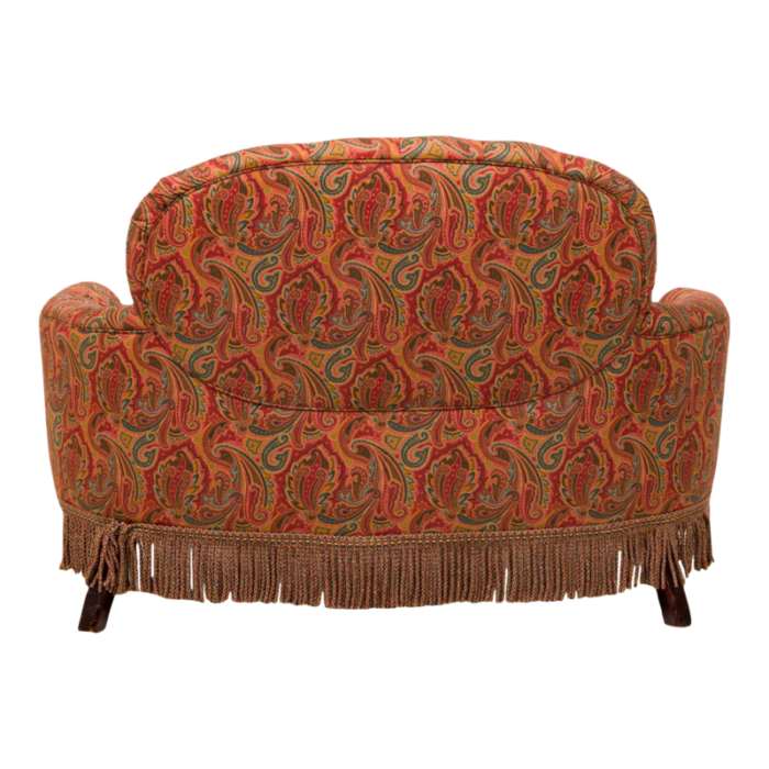 english victorian style tufted red and blue paisley upholstered rounded back loveseat 8427