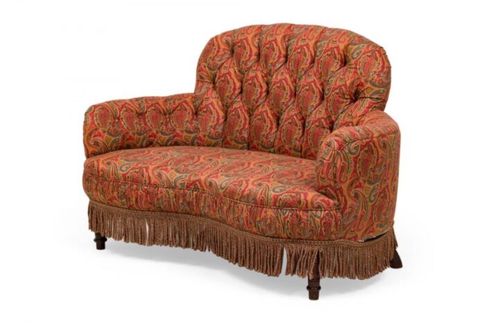 english victorian style tufted red and blue paisley upholstered rounded back loveseat 9564