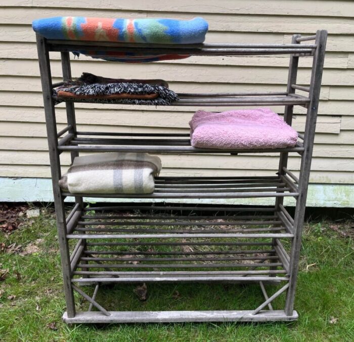 farmhouse primitive factory shoe rack bakers rack c1920 six shelves casters 3507